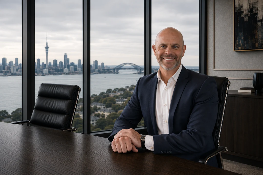 Bevan Gray seated in a boardroom overlooking Auckland harbour and skyline